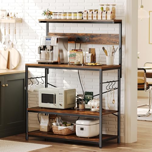 SUPERJARE Kitchen Bakers Rack with Power Outlet, Coffee Bar Table, Rustic Brown W637