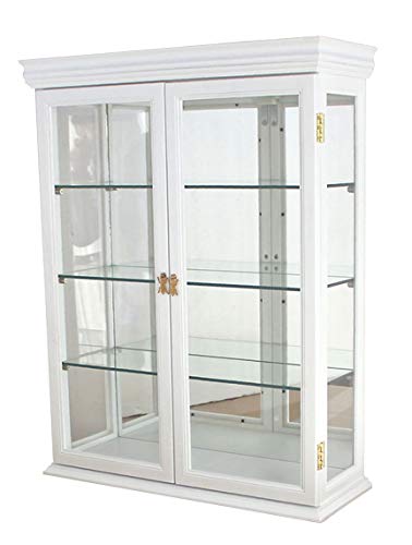 DisplayGifts 26" Solid Wood Tuscan Style Wall Mount SMALL Curio Cabinet Stand 20" W X 26" H X 6.2" D Mirror Background White