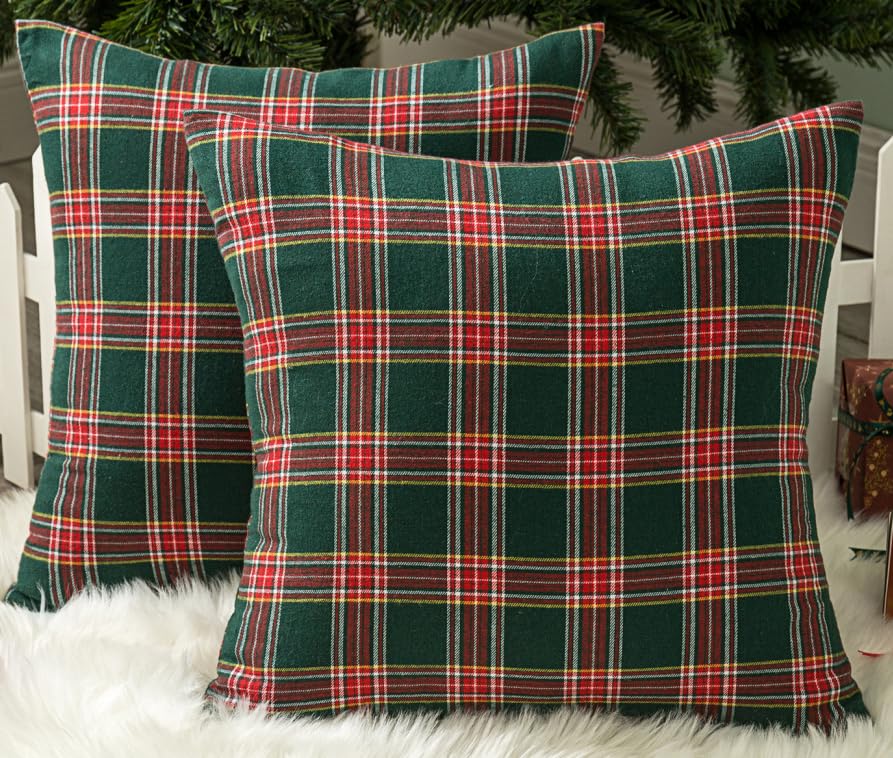 Pack of 2 Christmas Plaid Throw Pillow Covers Green 20x20 Inches U98072