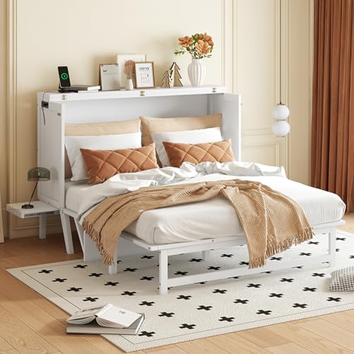 KEIKI Queen Size Murphy Bed with Charging Station and Drawer, Walnut B45816