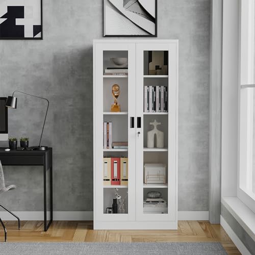 Metal Storage Cabinet with Doors and Shelves, 71" Locking Steel, White L799