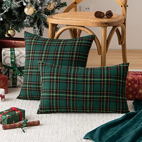 Pack of 2 Christmas Plaid Throw Pillow Covers Green 20x20 Inches U98072