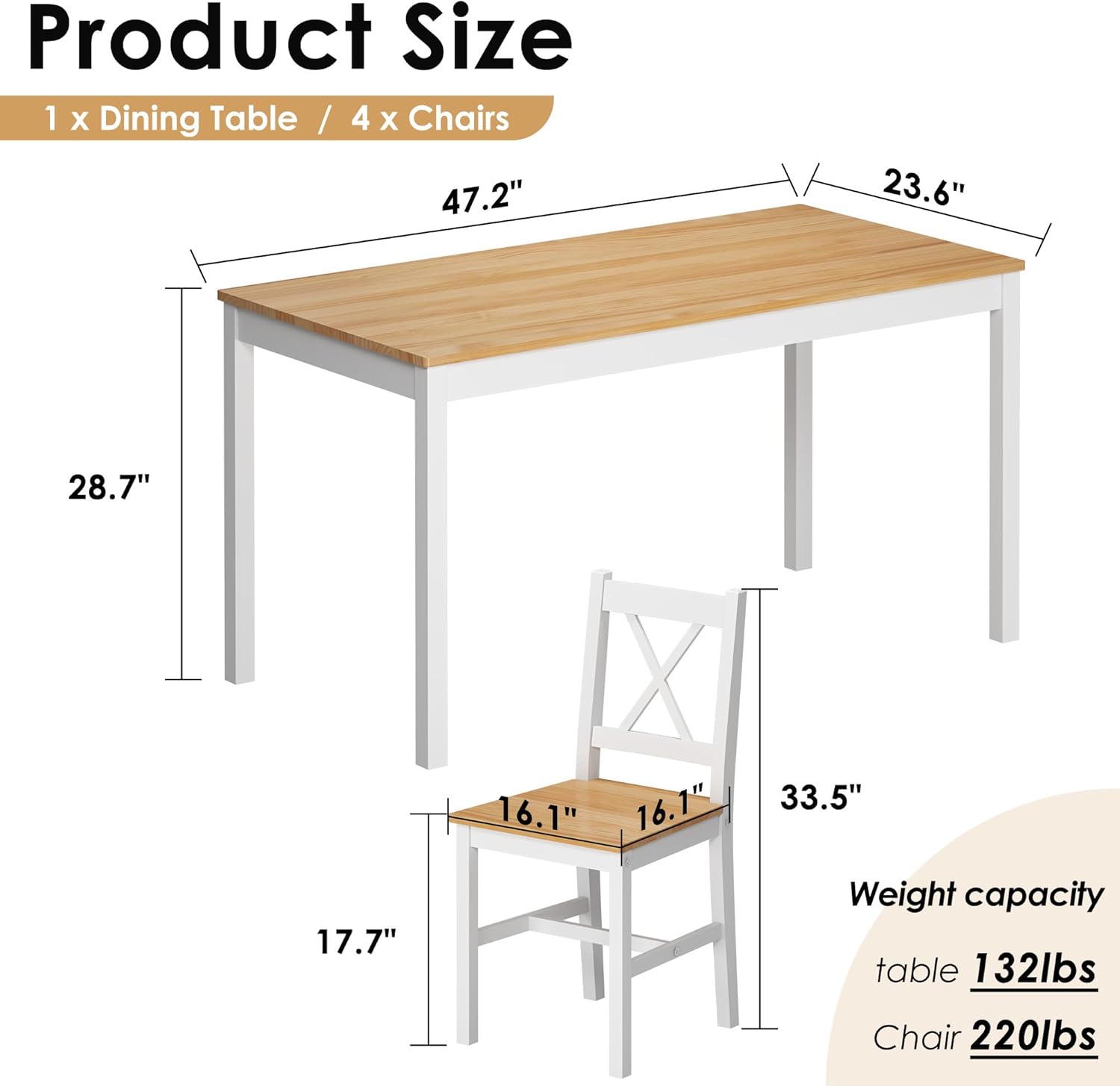 sogesfurniture 47.2" 5-Piece Pine Wood Dining Table Set with 4 Chairs J252877