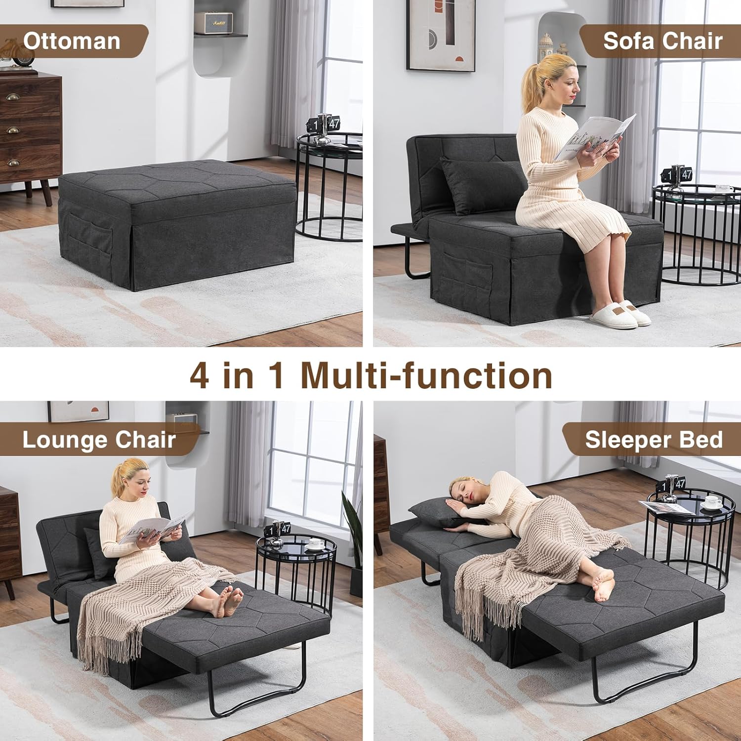 4 in 1 Sleeper Chair Convertible Sofa Bed with Ottoman, Dark Grey W57436