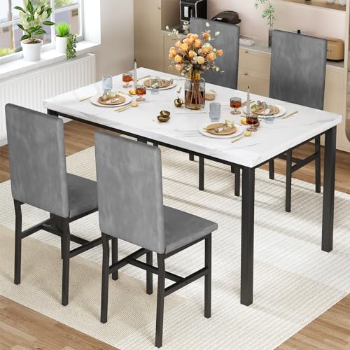 Hooseng Dining Table Set for 4, Faux Marble Tabletop & PU Leather Chairs, Brown & White O605