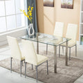 5 Piece Dining Table Set Tempered Glass Top Dinette Sets with 4 PU Leather Chairs for Dining Room Kitchen Furniture Breakfast (Beige)