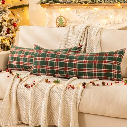 Pack of 2 Christmas Plaid Throw Pillow Covers Green 20x20 Inches U98072