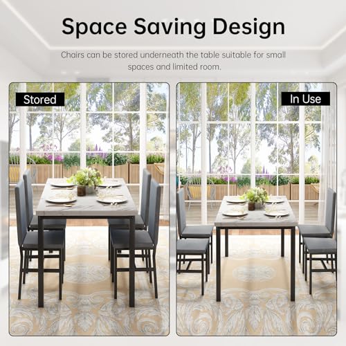 Hooseng Dining Table Set for 4, Faux Marble Tabletop & PU Leather Chairs, Brown & White O605
