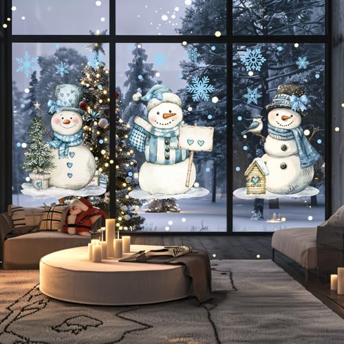 Whaline Extra Large Christmas Window Clings Blue Snowman Snowflake Stickers for Winter Home Decor E40757