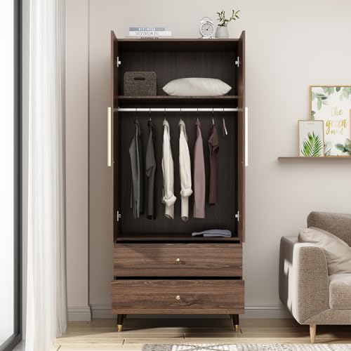 Homsee Wardrobe Armoire with 2 Doors and Drawers, Wooden Closet Storage Cabinet, Brown E6700