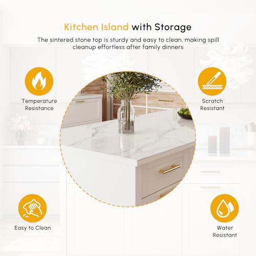 homary 72" Kitchen Island with Storage, White Dining Table with Seating & 3 Drawers H6352