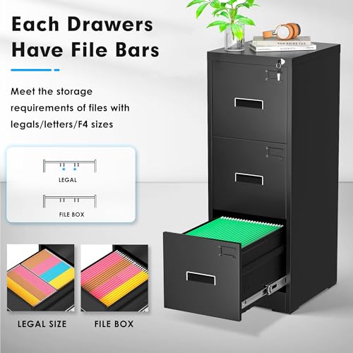 Greenvelly Lateral File Cabinet 2 Drawer, Black, Locking Metal with Hanging Bars A2725