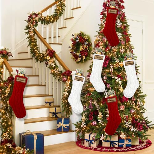 6 Pack Personalized Christmas Stockings 18in Knitted with Leather Patches Red and White F78226