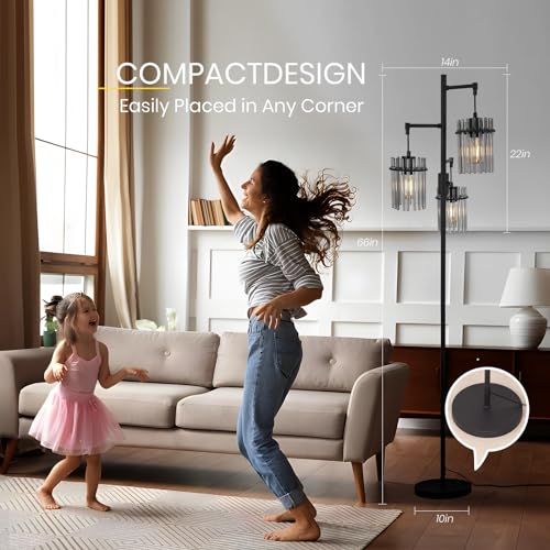 Industrial Floor Lamp with Glass Lampshade, Dimmable, Tall for Living Room F9646