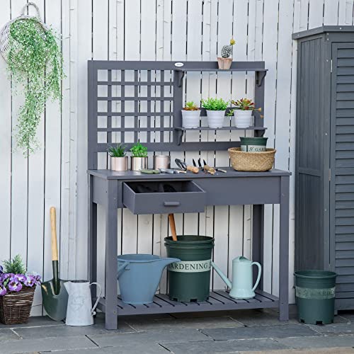 Outsunny Potting Bench Table, Outdoor Wooden Workstation with Shelves and Drawer Z303163