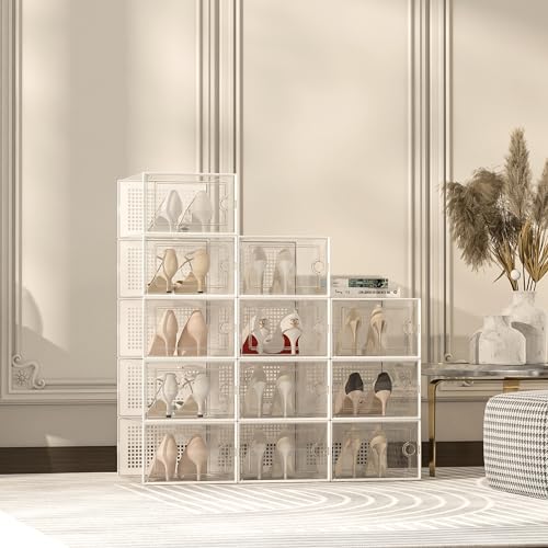 Kuject X-Large Clear Plastic Stackable Shoe Storage Boxes, 12 Pack, Blue Y142131
