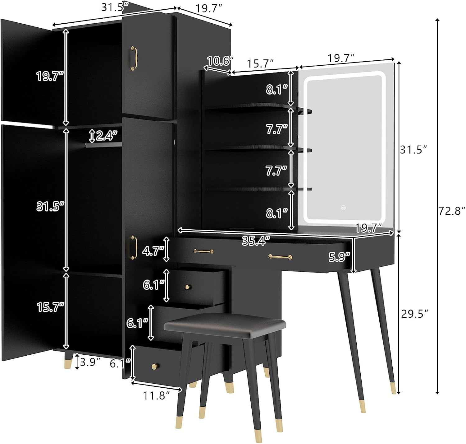 Makeup Vanity Table and Armoire Wardrobe Set with LED Mirror, Black Q6333