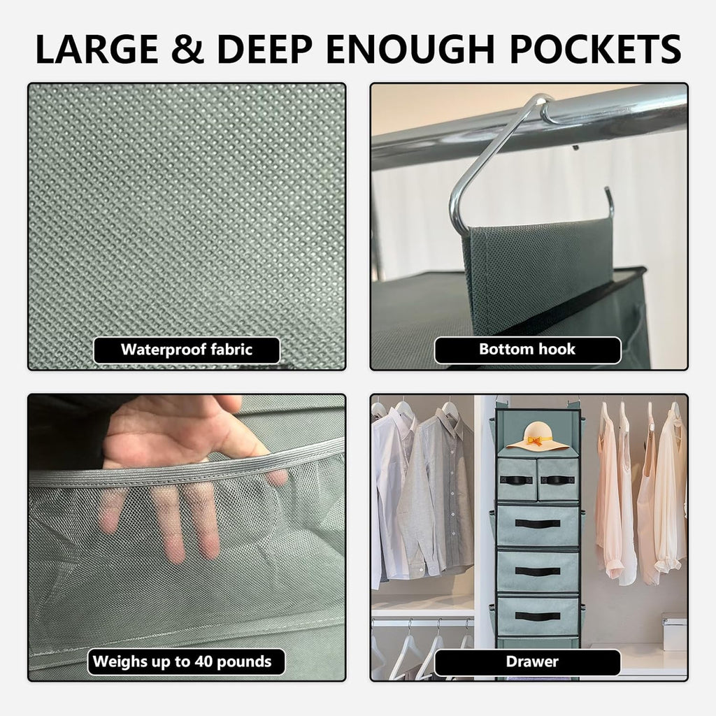 VERONLY Hanging Closet Organizer 7 Shelves with 5 Drawers, Grey R734