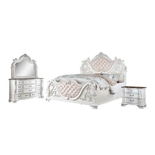 Furniture of America Clairibel Wood 5-Piece Bedroom Set, King-Size Bed with Button-Tufted Headboard, Marble Top Nightstand and Dresser & Dovetail Drawers, Box Spring Required, Pearl White