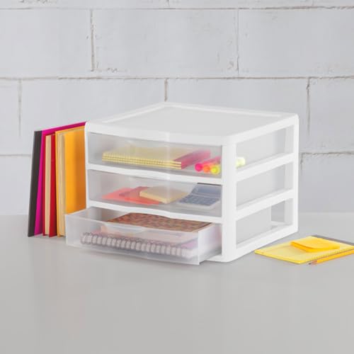 Sterilite 3-Pack Wide 3 Drawer Unit, Plastic Desktop Organizer, White Frame X750