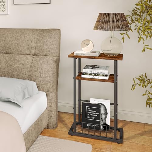 Rustic Brown 3-Tier Narrow Side Table with Magazine Holder I9606