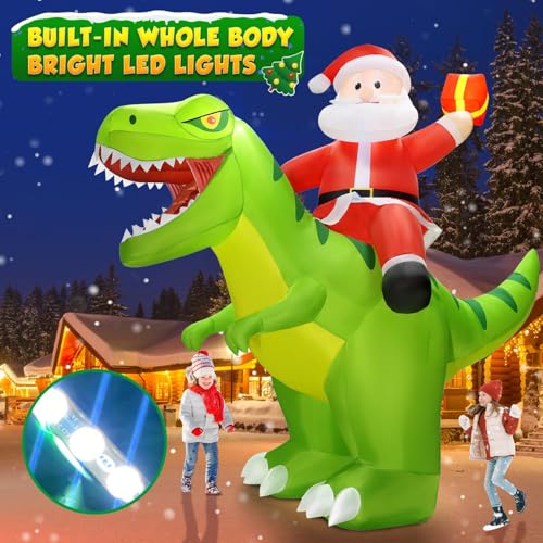 9x8FT Christmas Inflatables Outdoor Santa Riding Dinosaur with LED Lights J950277