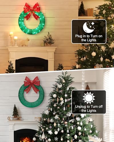 Brightown 24 Inch Pre-Lit Artificial Christmas Wreath with Pine Cones & Berries L37024