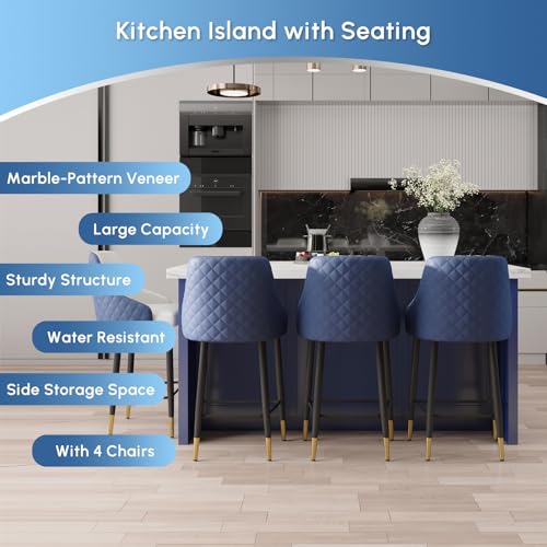 homary 72" Kitchen Island with Storage, White Dining Table with Seating & 3 Drawers H6352