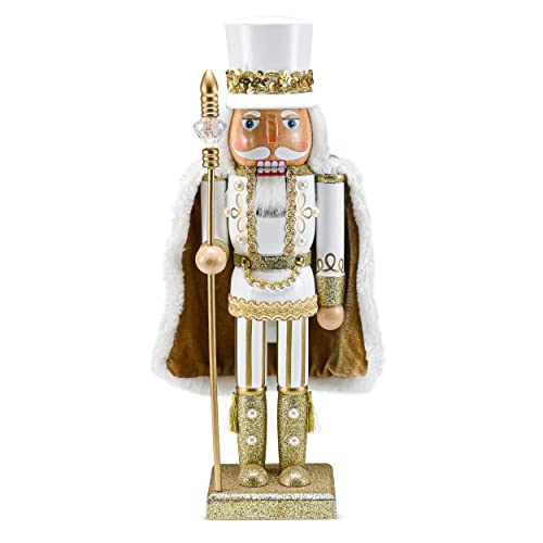 Ornativity Christmas Gold King Nutcracker – Gold and White Glittered Wooden Nutcracker Man Fur Cape and Staff in Hand Xmas Themed Holiday Nut Cracker Doll Figure Decorations 14"