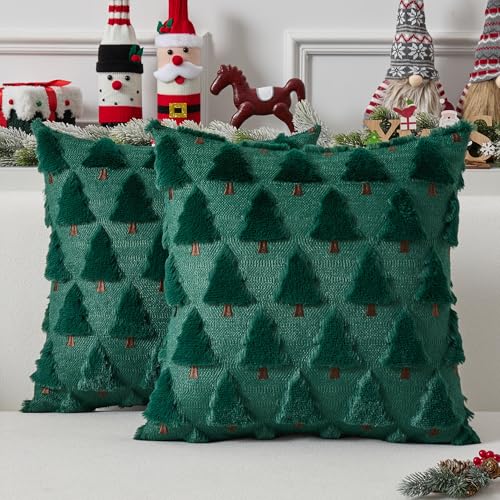 UGASA Star Christmas Decorative Pillow Covers 18x18 Inch Set of 2 Dark Green Q9265