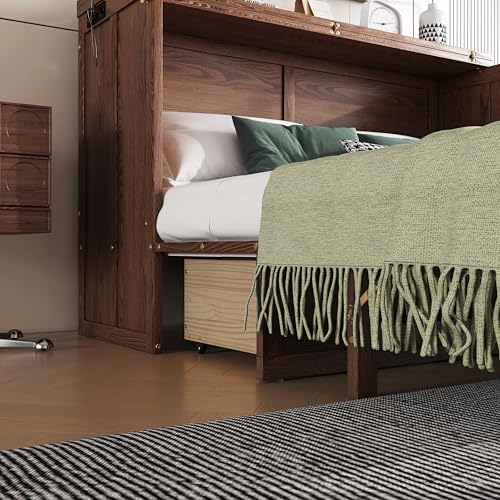 KEIKI Queen Size Murphy Bed with Charging Station and Drawer, Walnut B45816