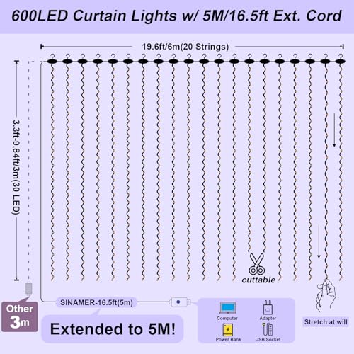 600LED Curtain Lights for Bedroom, Warm White, 8 Modes Y367582