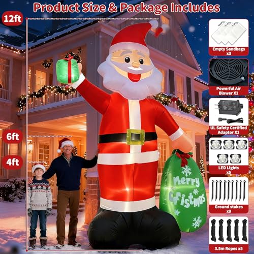 12FT Giant Christmas Inflatable Santa Claus with LED Lights and Gift Bag J129072