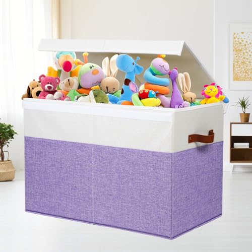 Large Toy Storage Box with Lid and Dividers for Kids, Beige and White X95078