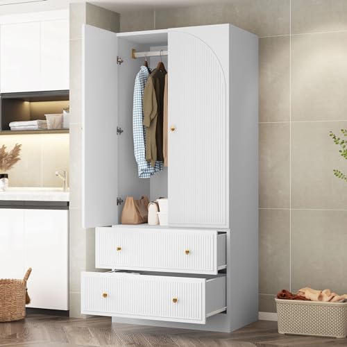 QHITTY Freestanding Armoire Wardrobe with 2 Drawers and Clothing Rod, White B8868