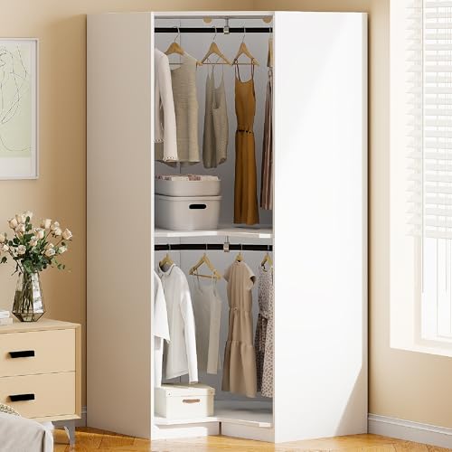 Merax Corner Wardrobe Closet Organizer with Hanging Rails & Shelves, Natural S71492