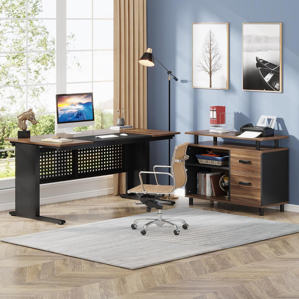 63 Inch L Shaped Executive Computer Desk with File Cabinet, Brown and Black G986925