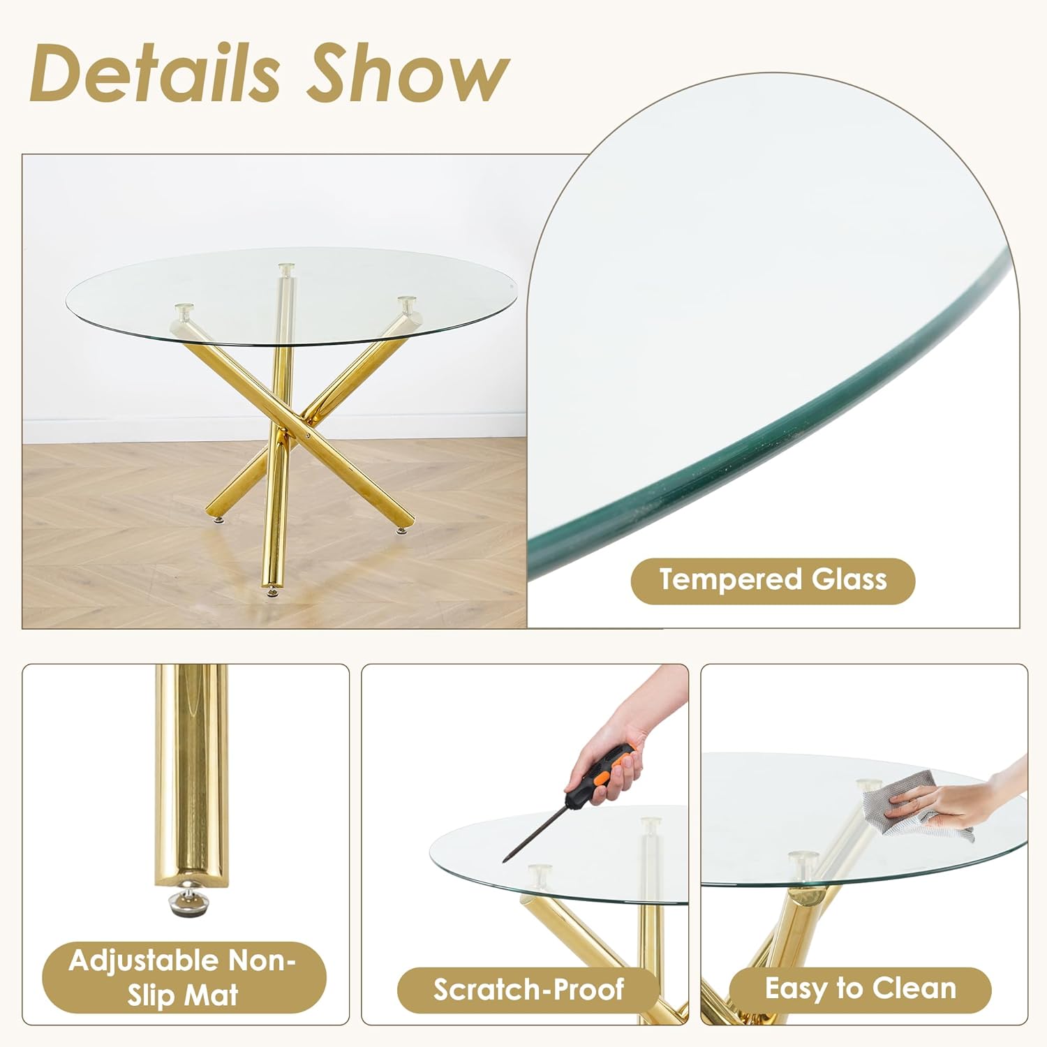 Baysitone Gold Round Glass Dining Table Set for 6 with Clear Acrylic Chairs W1878