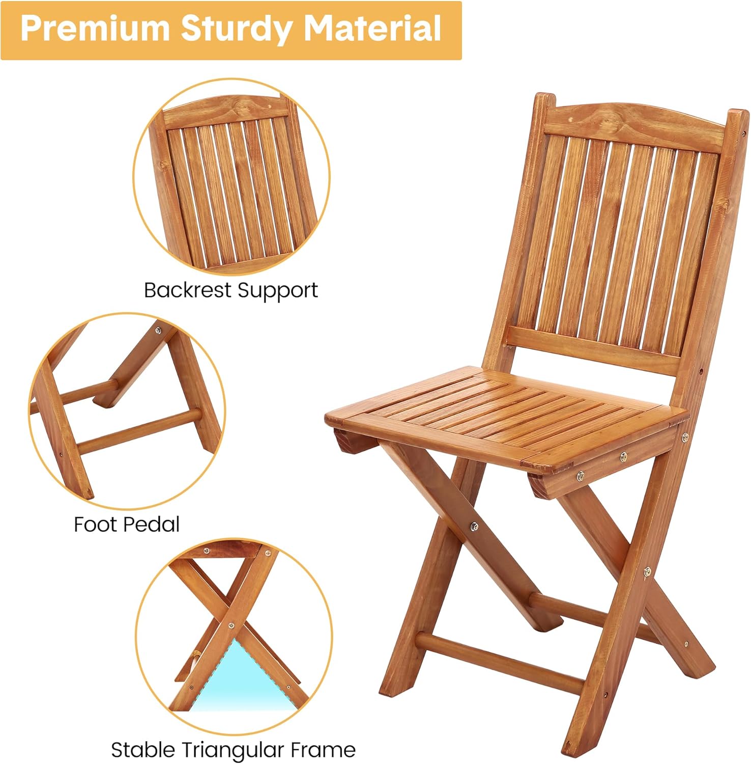 3Pcs Patio Bistro Set Wood Folding Table and 2 Chairs Outdoor Furniture X8767