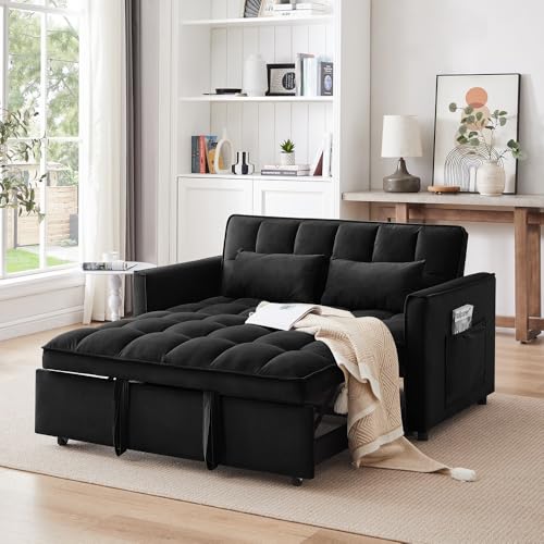 Modern Velvet Convertible Sofa Bed with Adjustable Back and Storage Bag, Blue Double S9157