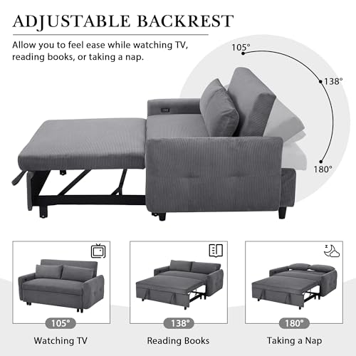 Merax Pull-Out Sofa Bed with Adjustable Backrest, 2 Seat Loveseat, USB Ports, Light Blue S417