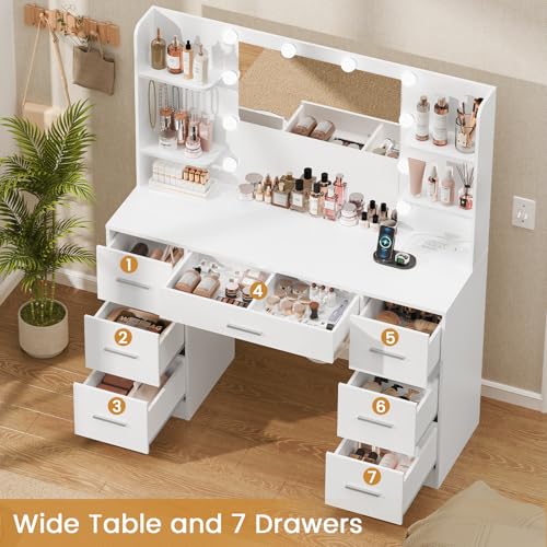 Quimoo Large Vanity Desk with LED Mirror & Power Outlet, White L335