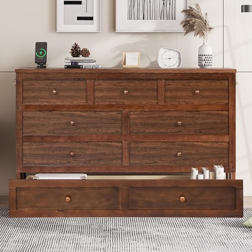 KEIKI Queen Size Murphy Bed with Charging Station and Drawer, Walnut B45816