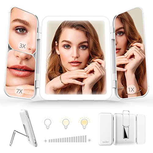 Sejoy Travel Makeup Mirror, 64 LED Lighted Vanity Mirror with 1X 3X 7X Magnification, Tri-Fold Compact Mirror with Touch Light, Rechargeable, Purple
