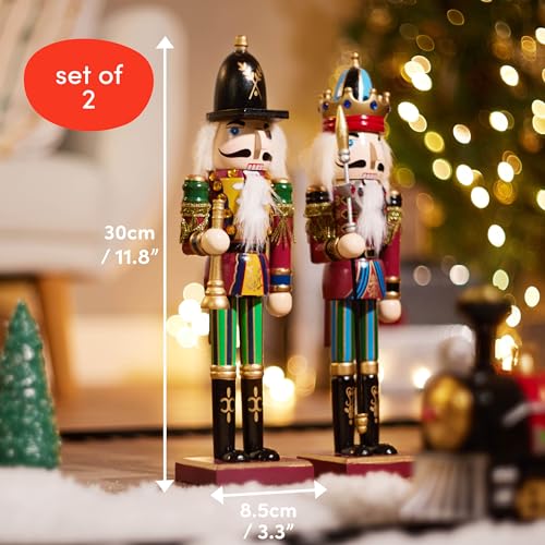THE TWIDDLERS 2 Pack 12 Inch Wooden Nutcracker Christmas Decor King & Guard Soldier Red V493