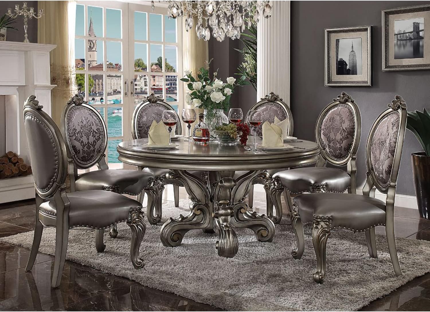 Acme Furniture Round Dining Table with Pedestal, Antique Platinum R246