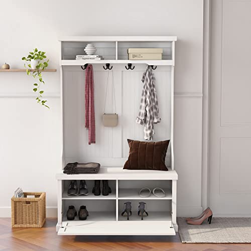 BNSPLY Hall Tree with Bench and Shoe Storage, White Y376