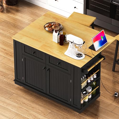 Ball & Cast 48" Kitchen Island with Power Outlet, Rolling Cart, Black H9509