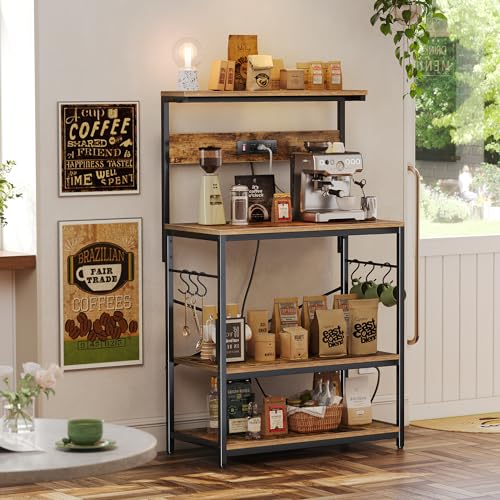 SUPERJARE Kitchen Bakers Rack with Power Outlet, Coffee Bar Table, Rustic Brown W637
