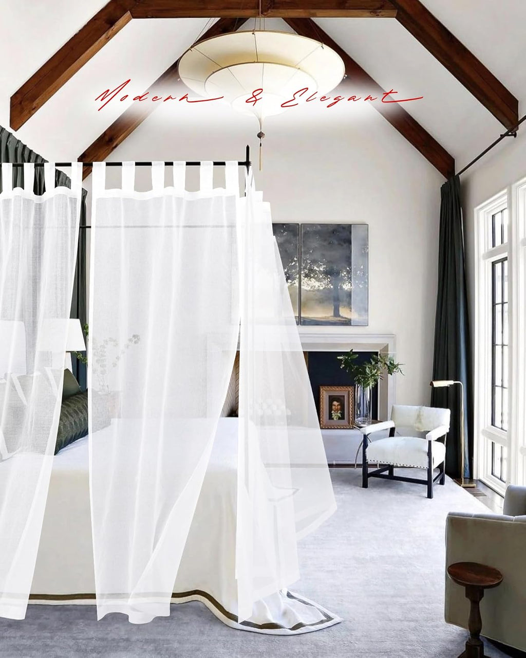 White Canopy Bed Curtains for King Queen Full Twin Bed Frame with Velcro A94372